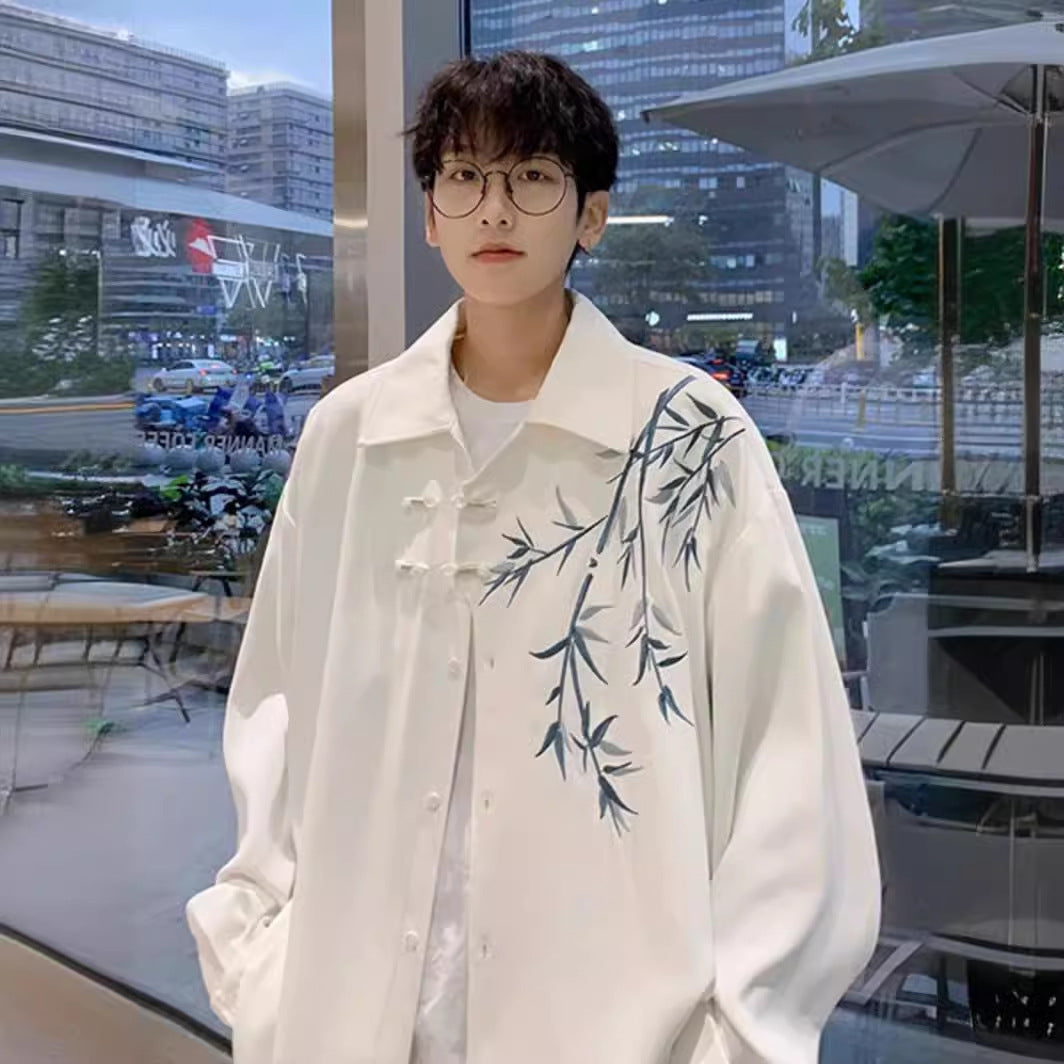 Bamboo Embroidered Long-sleeved Shirt Men's Hanfu Chinese Frog Tang Suit Robe Shirt Coat Bamboo Embroidered Long-sleeved Shirt Men's Hanfu Chinese Frog Tang Suit Robe Shirt Coat