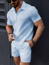 Breathable Beach Two Piece Leisure Suit Men Summer Casual Short Sleeve Shirt And Shorts Male Clothing Vintage Textured Solid Set