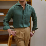Мужская повседневная однотонная рубашка из хлопка и льна с длинным рукавом