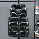 Shiny cotton down vest with hood
