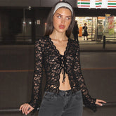 Fashion Sexy See-through Hollow Cardigan Lace-up Long Sleeve T-shirt