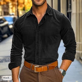 Men's Corduroy Long Sleeve Button Down Shirt with Solid Color Polo Collar
