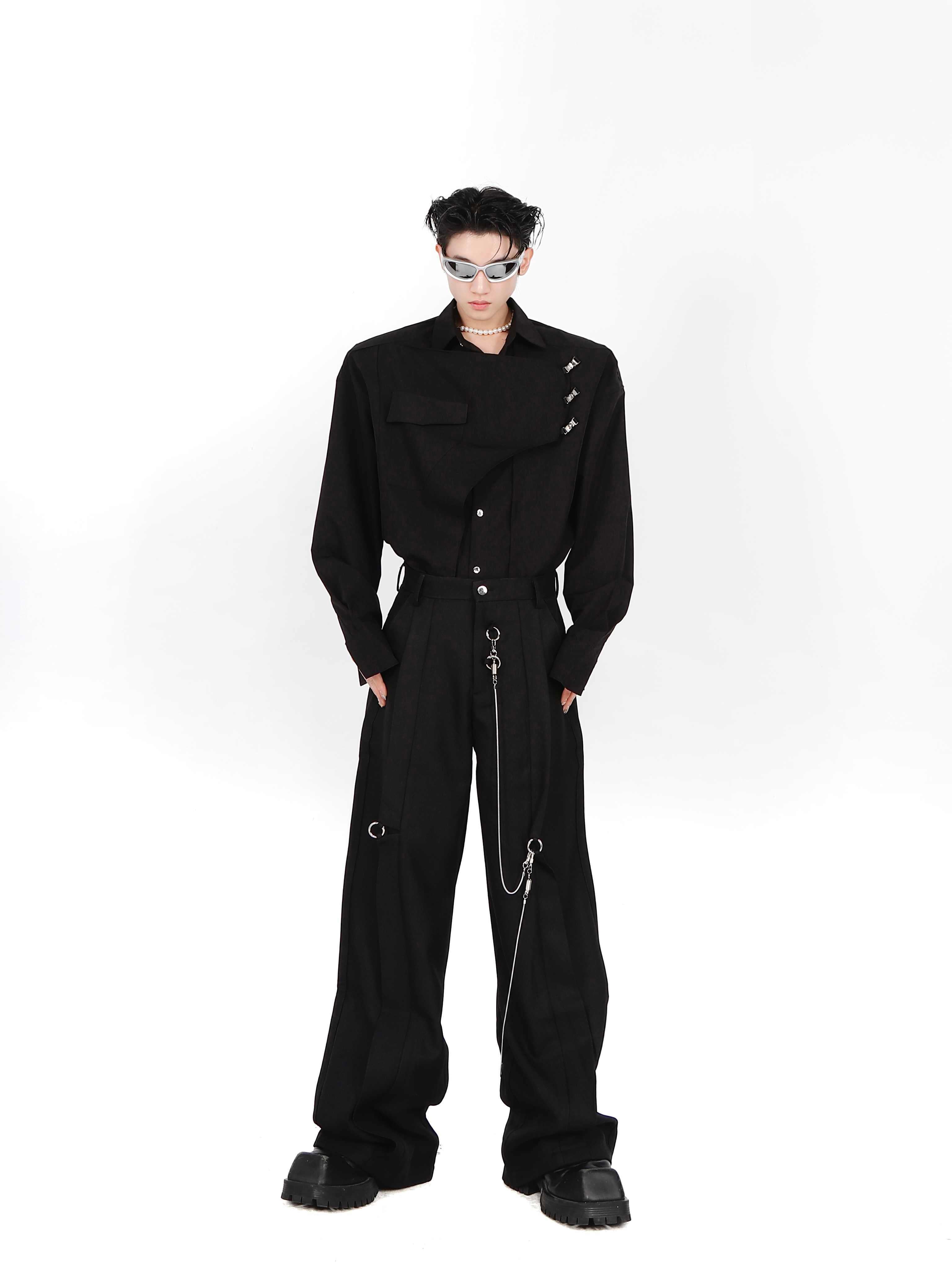 Double-layer Design Metal Embellished Long Sleeve Padded Shoulder Shirt Double-layer Design Metal Embellished Long Sleeve Padded Shoulder Shirt