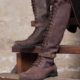 Long Boots Female High Tube Lace-up Low Heel