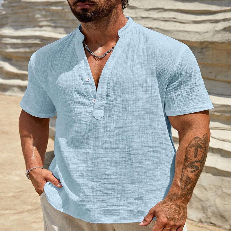 Men's Cotton And Linen Double-layer Solid Color Cuban Collar Short Sleeve Shirt Men's Cotton And Linen Double-layer Solid Color Cuban Collar Short Sleeve Shirt