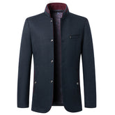 Wool coat with stand-up collar