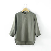 Casual Linen Men's Simple Round Neck 34 Sleeves Linen T-shirt Loose Breathable Top
