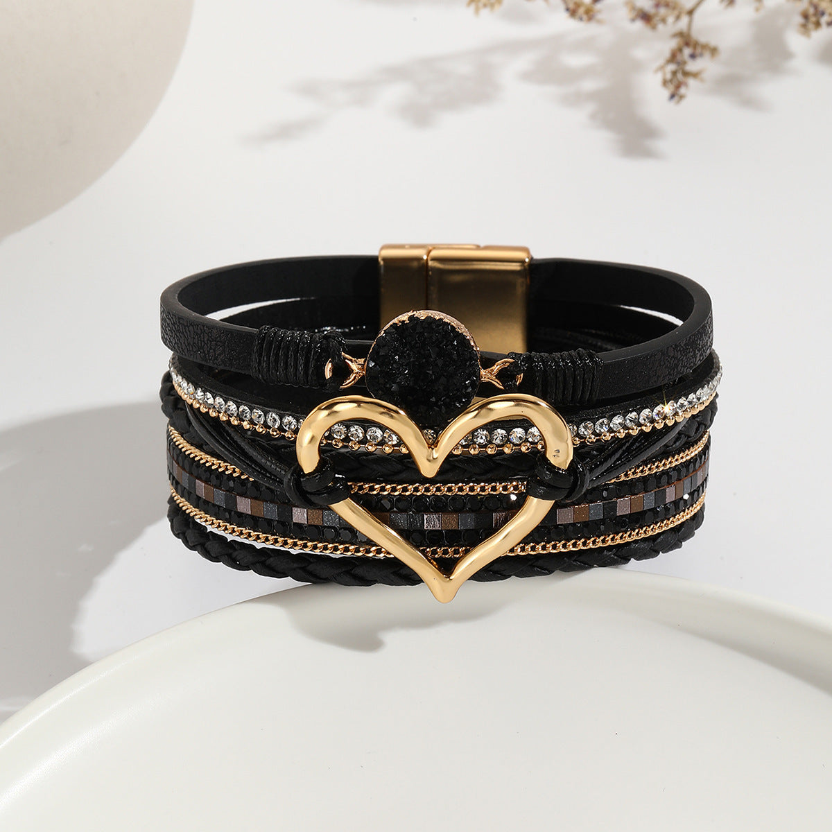 Leather Cord Bracelet Bohemian Multi-layer Rough Stone Love Jewelry For Girls