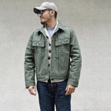Vulcanized Green Mashed Denim Retro Workwear Pure Cotton Coat For Men