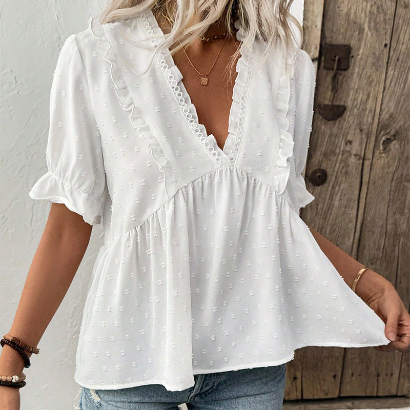 European And American Cut Flower Fur Ball Shirt Short Sleeve Lace