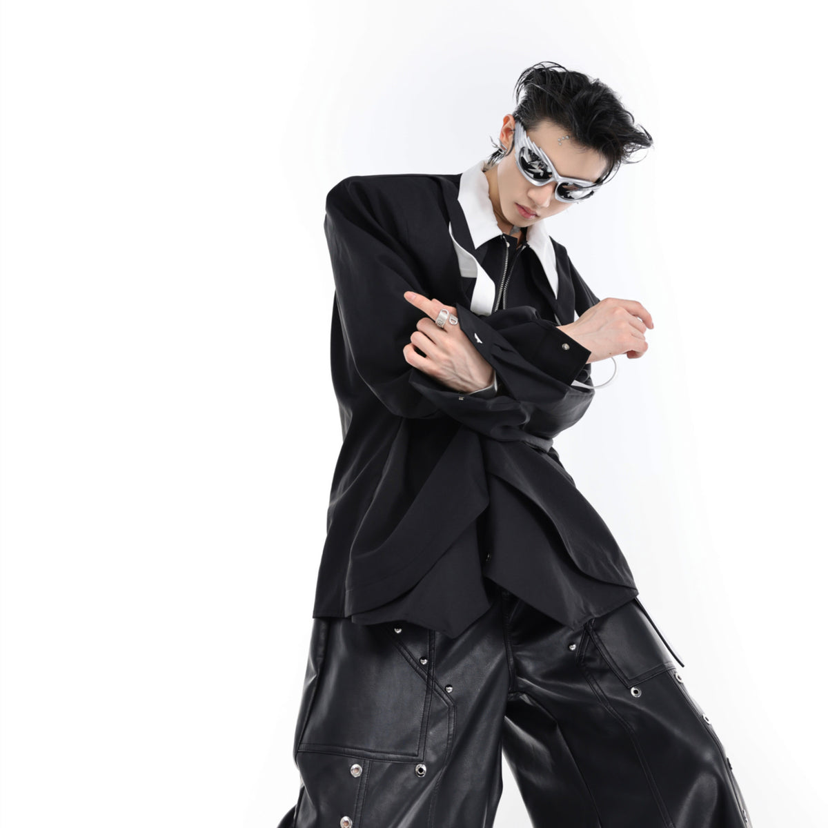 Contrast Color Split Tie Shirt Double Layer Design Sense