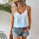 Vacation Style Lace Edge Striped Spaghetti Straps Top