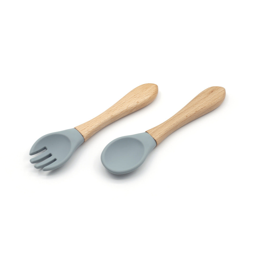 Grade Wooden Handle Silicone Spoon Fork Tableware Training Complementary Food Baby Feeding