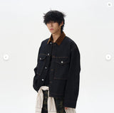 Retro Black Denim Jacket Lapel Loose Workwear Leisure Coat For Men