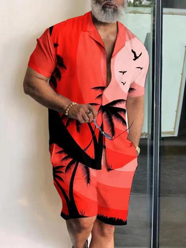 Men's New Casual Slim Fit Polo Collar Shorts Suit 3D Printed