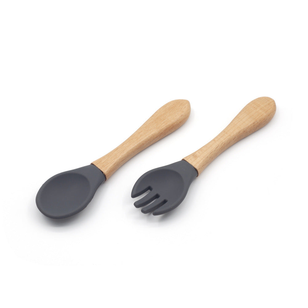 Grade Wooden Handle Silicone Spoon Fork Tableware Training Complementary Food Baby Feeding