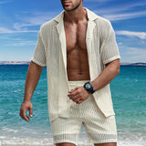 Men's Retro Cotton And Linen Stripes Henley Shirt Casual Loose Shirt Cardigan Lapel Men's Clothing