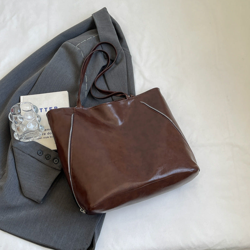 Tote Bag Women's Large Capacity Oil Leather Double Zipper