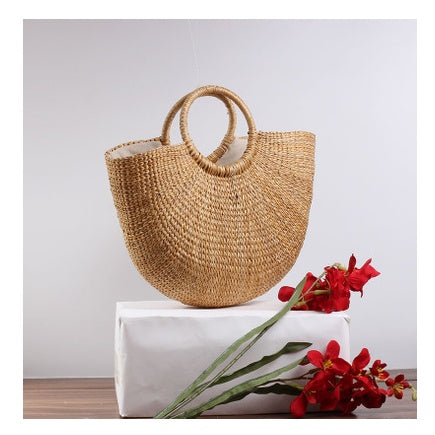Pure-color handmade Mori Nv Korean version cotton and hemp beach knitting lady straw wrapping rattan wrapping bamboo wrapping shoulder straw wrapping
