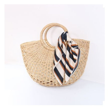 Pure-color handmade Mori Nv Korean version cotton and hemp beach knitting lady straw wrapping rattan wrapping bamboo wrapping shoulder straw wrapping
