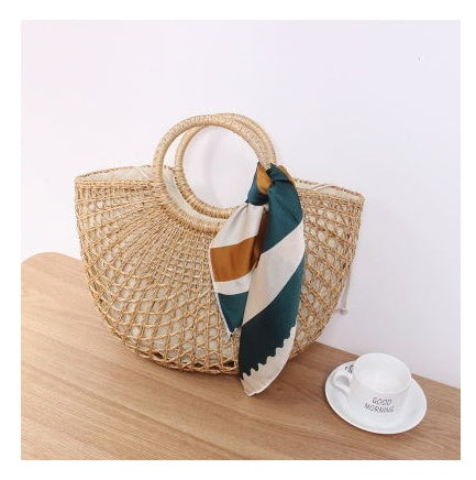 Pure-color handmade Mori Nv Korean version cotton and hemp beach knitting lady straw wrapping rattan wrapping bamboo wrapping shoulder straw wrapping