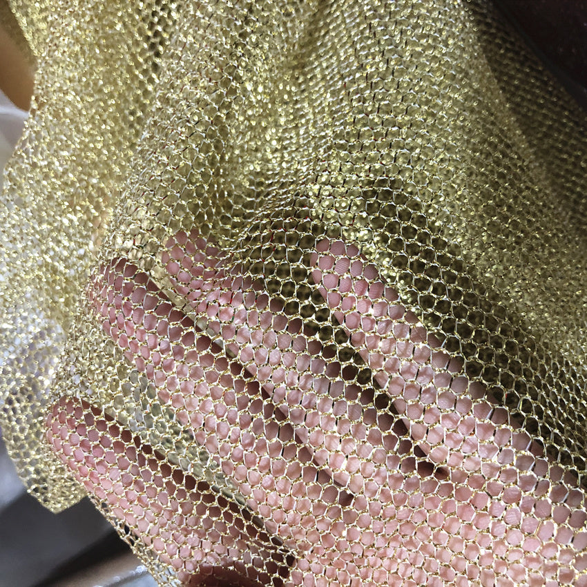 Large Mesh Diamond Shape Mesh Fabric With Golden Silver Filigree