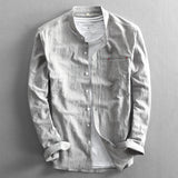 Casual Linen Shirt Men's Long Sleeved Solid Color Retro Stand Collar