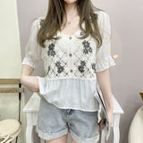 Summer New Style French Chiffon Shirt Crochet Embroidery Knitting Hollow Short Sleeves
