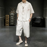 Cotton Linen Disc Button Shirt Collar Short-sleeved T-shirt Set