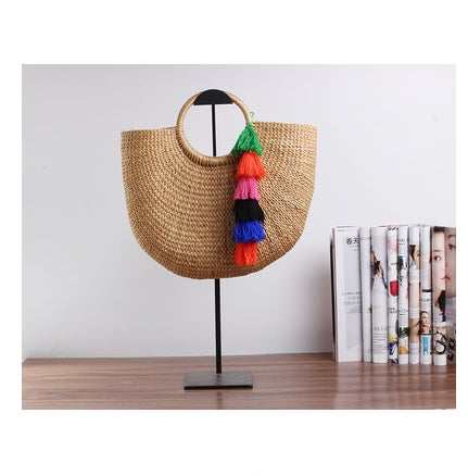 Pure-color handmade Mori Nv Korean version cotton and hemp beach knitting lady straw wrapping rattan wrapping bamboo wrapping shoulder straw wrapping
