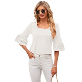 Square Collar Ruffled Half Sleeve Solid Color Loose T-shirt