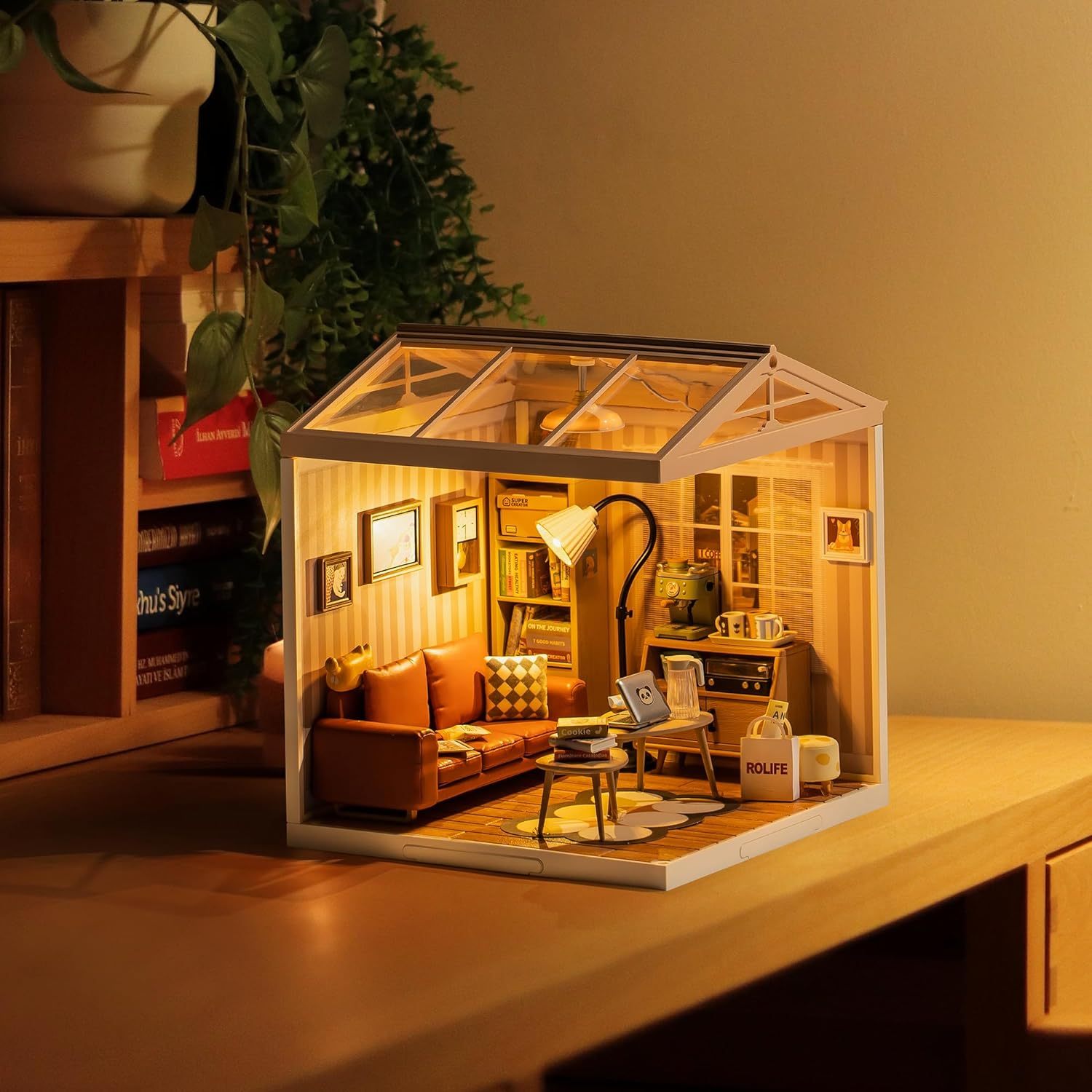ROBOTIME Rolife Cozy Living Lounge DIY Miniature Plastic House Building Set Toys Playset With LED Suitable For Mini Figures Construction Toys Diorama Kit Gifts For Teens Adults DW007 