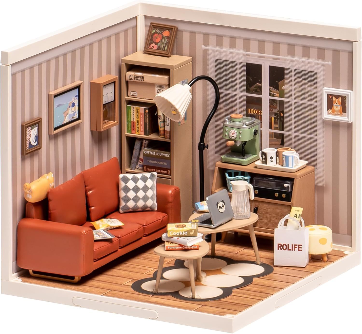 ROBOTIME Rolife Cozy Living Lounge DIY Miniature Plastic House Building Set Toys Playset With LED Suitable For Mini Figures Construction Toys Diorama Kit Gifts For Teens Adults DW007 