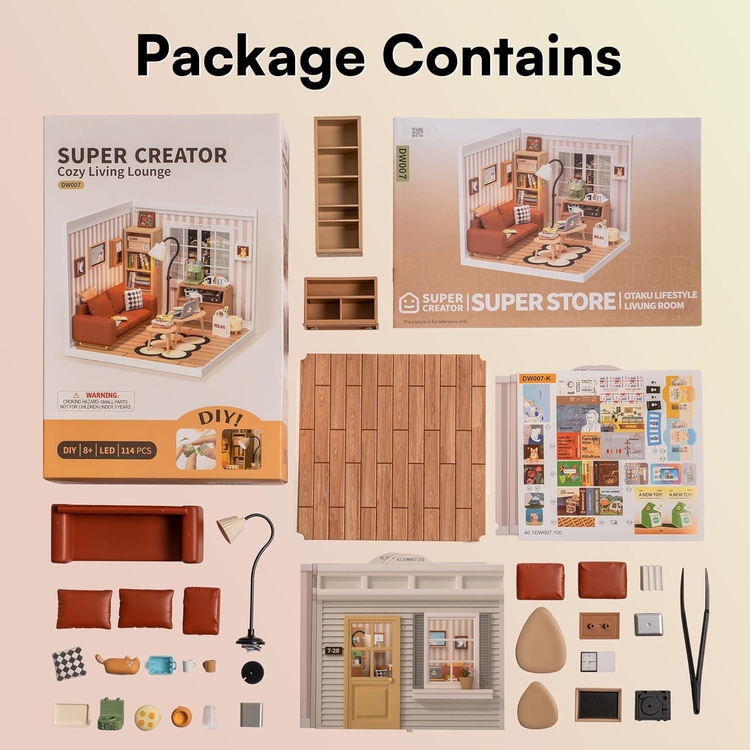 ROBOTIME Rolife Cozy Living Lounge DIY Miniature Plastic House Building Set Toys Playset With LED Suitable For Mini Figures Construction Toys Diorama Kit Gifts For Teens Adults DW007 