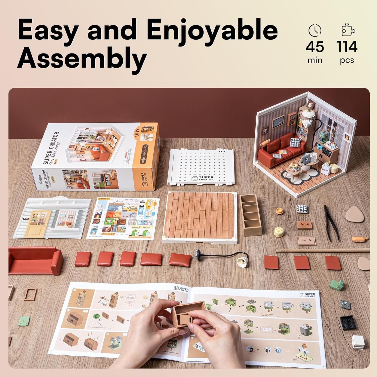 ROBOTIME Rolife Cozy Living Lounge DIY Miniature Plastic House Building Set Toys Playset With LED Suitable For Mini Figures Construction Toys Diorama Kit Gifts For Teens Adults DW007 