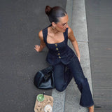 Women's Fashion Casual Single-breasted Denim Vest Pants