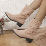 Large Size Thick Heel Pointed Toe Mid-calf Smoke Pipe Boots For Women