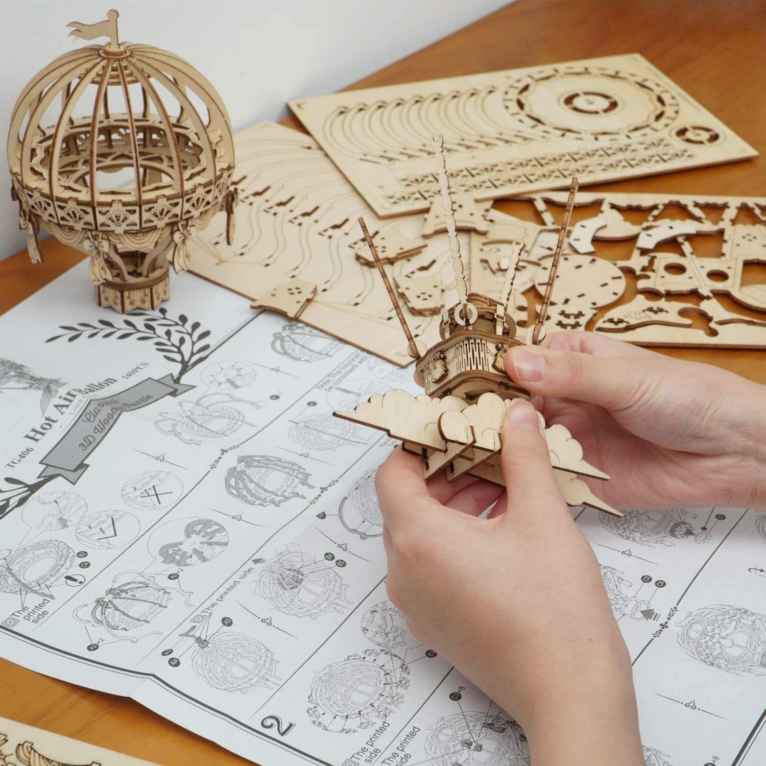 ROBOTIME Pumpkin Cart Hot Air Ballon Airship Gramophone Wooden Puzzle 3D Jigsaw Mechanical Model Construction Toys Gift TG302 TG406 TG407 TG408