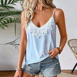Vacation Style Lace Edge Striped Spaghetti Straps Top