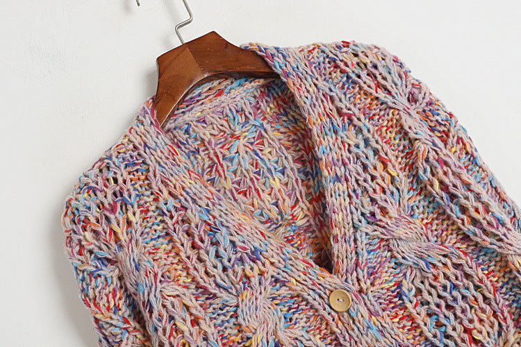 Knitting Needle Hand Crochet Colorized Sweater Women's V-neck