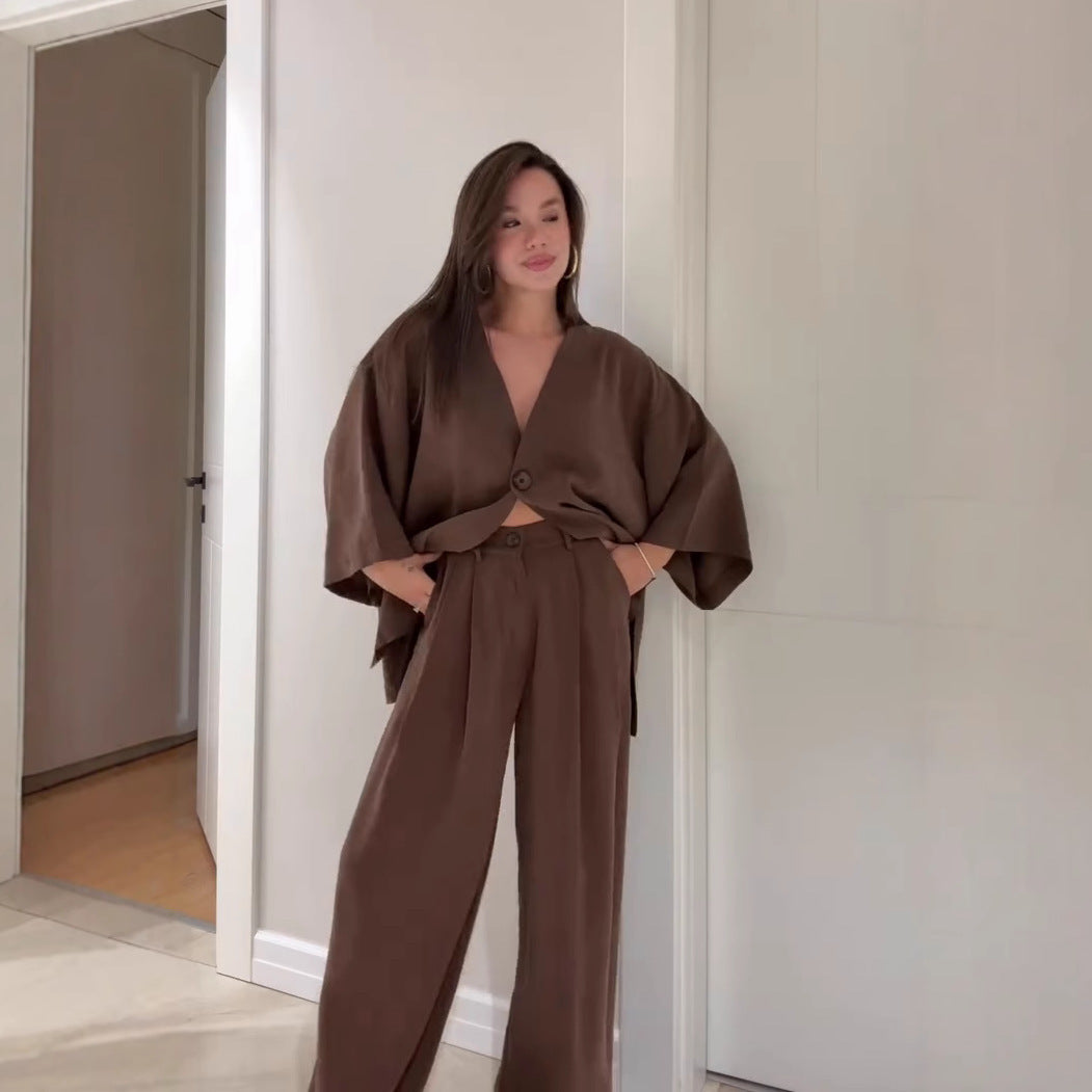 Long Sleeve Cardigan Trousers Solid Color Suit