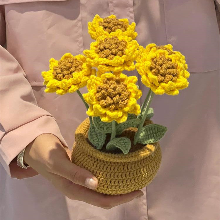 Hand Knitting DIY Tulips Small Daisy Potted Bouquet Wool Crochet Material Package