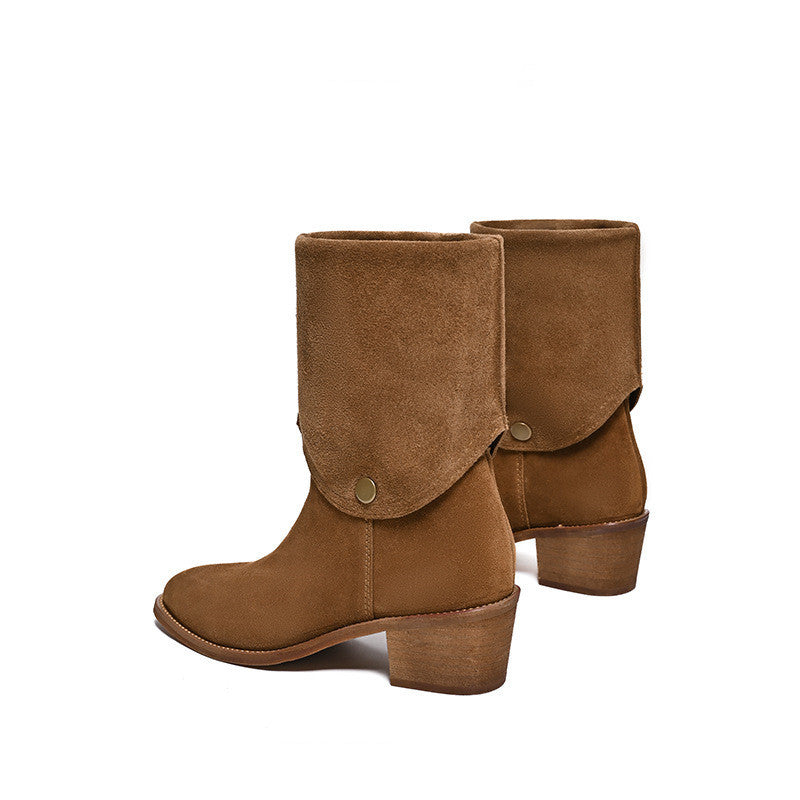 Matte Cowhide Western Denim Pointed-toe Short Tube Boots Fashion Boots Pile Style Boots All-matching