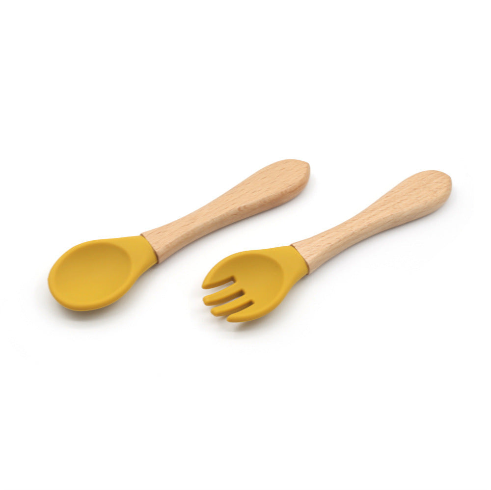 Grade Wooden Handle Silicone Spoon Fork Tableware Training Complementary Food Baby Feeding