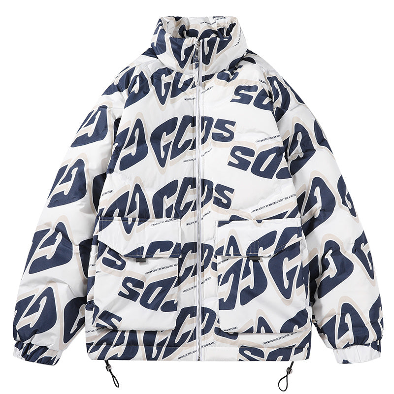 Men's Puffer Jacket with Stand-Up Collar and Full Letters