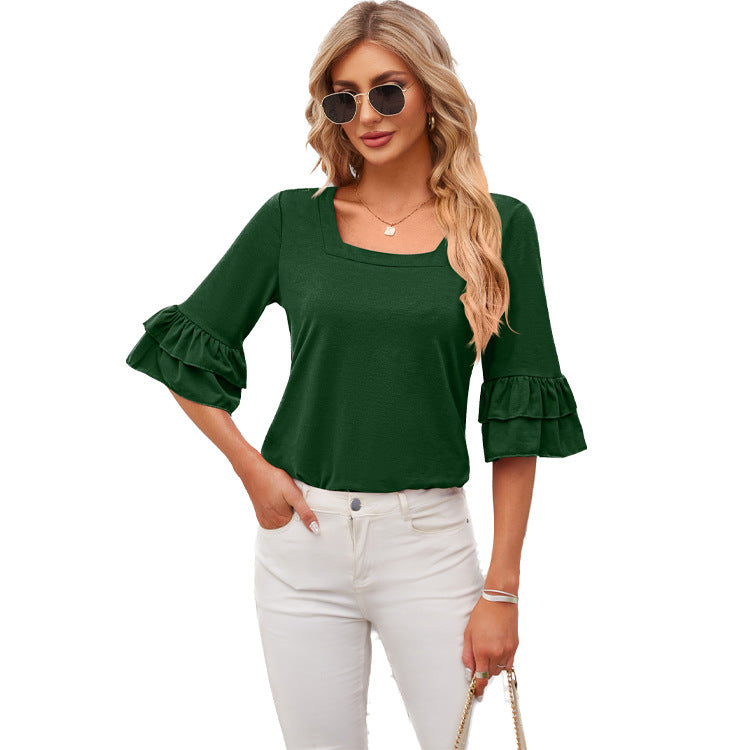 Square Collar Ruffled Half Sleeve Solid Color Loose T-shirt