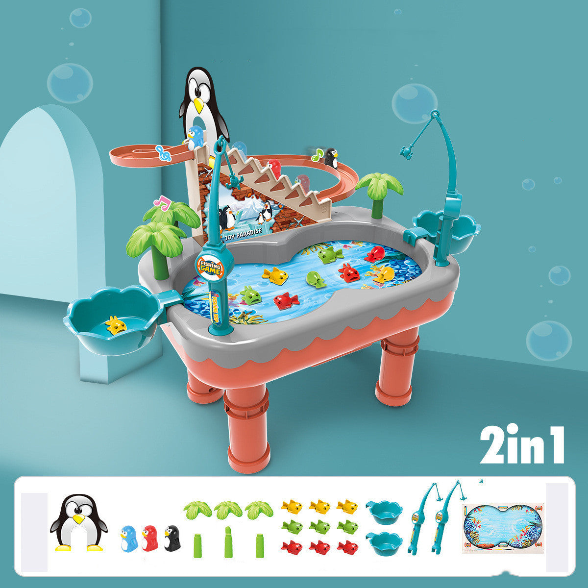 Penguin Climbing Stairs Magnetic Fishing Toy Pool Set Children's Electric Penguin Slide Baby Gifts For Boys And Girls