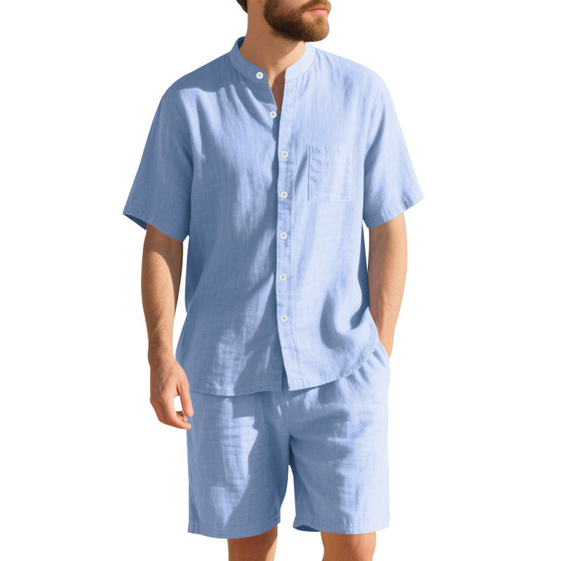 American Linen Suit Men Summer Two Piece Suit With Henry Collar Beach