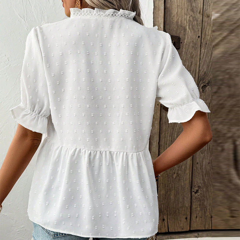 European And American Cut Flower Fur Ball Shirt Short Sleeve Lace