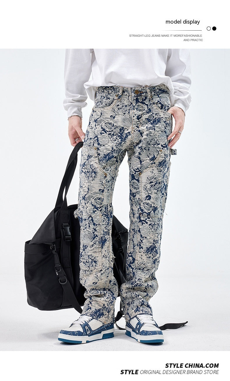 All-matching Loose Fashion Denim Jacquard Pants For Boys